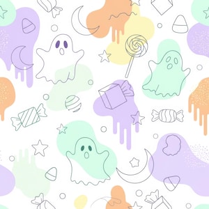 May include: A seamless pattern featuring black line art of ghosts, crescent moons, stars, lollipops, and various candies. The design is layered over irregular, pastel-colored blobs in shades of lavender, mint green, yellow, and peach.