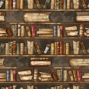 Può includere: Un motivo ripetitivo di scaffali in legno pieni di vari libri nei toni del marrone, beige, rosso, blu e verde. L'illustrazione presenta libri disposti verticalmente e impilati orizzontalmente, con copertine usurate e bordi ingialliti.