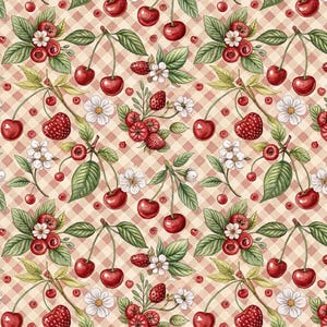 May include: A watercolour pattern of cherries, strawberries, and white flowers on a light red and beige checked background. The design includes green leaves and small red berries, creating a charming, vintage aesthetic.