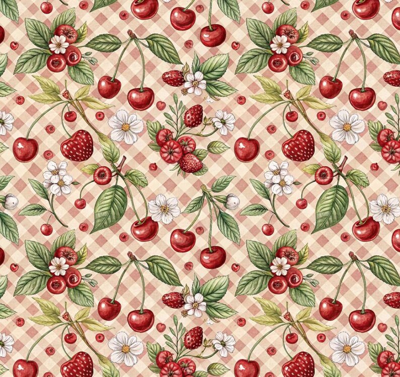May include: A watercolour pattern of cherries, strawberries, and white flowers on a light red and beige checked background. The design includes green leaves and small red berries, creating a charming, vintage aesthetic.