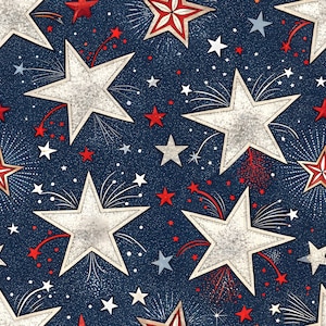 May include: A repeating pattern of large, off-white stars with a stitched border, alongside smaller red, white, and blue stars on a dark blue speckled backdrop. The design includes firework-like bursts, creating a celebratory feel.
