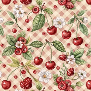 May include: A seamless pattern featuring watercolour illustrations of cherries, strawberries, and white flowers with green leaves. The design is set against a light red and beige checkered background, creating a vintage, botanical theme.