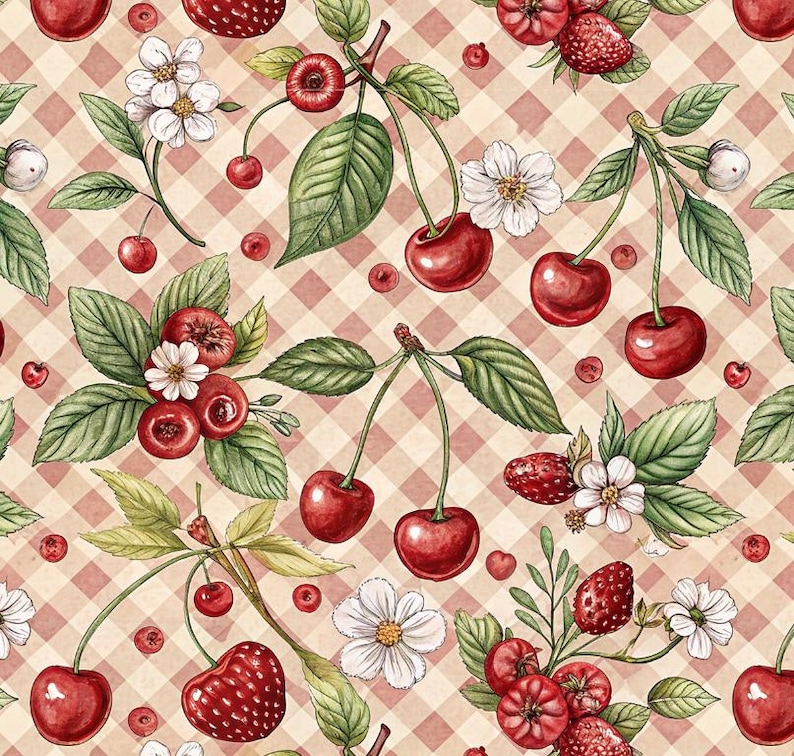 May include: A seamless pattern featuring watercolour illustrations of cherries, strawberries, and white flowers with green leaves. The design is set against a light red and beige checkered background, creating a vintage, botanical theme.