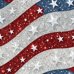 May include: A patriotic design featuring red and blue glitter stripes with white stars on a silver glitter background. The design evokes a sense of celebration and national pride, perfect for themed crafts and decorations.