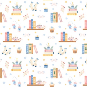 Könnte beinhalten: Ein sich wiederholendes Muster auf weißem Hintergrund mit Illustrationen von Bücherstapeln, brennenden Kerzen mit Tannenzweigen, Sockenpaaren, Tassen mit heißer Schokolade, Brillen, Fäustlingen, Cupcakes mit Schneeflocken und gelben Sternen.