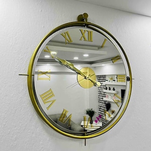 Gold Mirror Wall Clock 60cm | Roman Numeral Silent Quartz Metal Clock | Modern Decorative Living Room Office Wall Decor