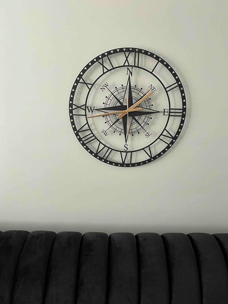 Large Black Metal Compass Wall Clock, Modern Roman Numerals (60x60cm ...