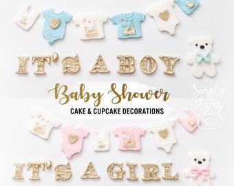 Baby Shower cake cupcake  decoration fondant topper, girl boy birthday, bear, baby cloths onesie, it's a boy, it's a girl, gender reveal
