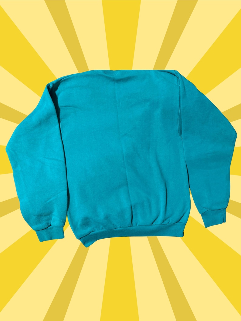 May include: A teal-colored sweatshirt with a crew neck and long sleeves. The sweatshirt is made of a soft material and has ribbed cuffs and hem. The background is a yellow burst pattern.