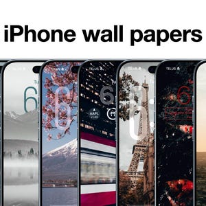 May include: A row of iPhone screens displaying various wallpapers. The wallpapers feature scenic views, including a cityscape, cherry blossoms, and the Eiffel Tower. The text "iPhone wall papers" is displayed above the phones.