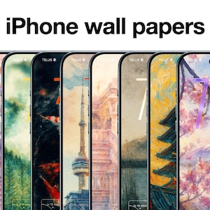 Pode incluir: Imagem de vários modelos de iPhone exibindo diversos papéis de parede. Os papéis de parede apresentam paisagens cênicas, incluindo a Torre Eiffel e pagodes japoneses. O texto "iPhone wall papers" é exibido no topo.