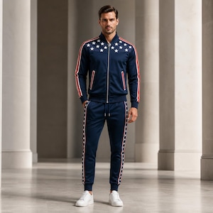 Può includere: Una tuta sportiva blu navy composta da una giacca con zip e pantaloni abbinati. La giacca presenta stelle bianche sul petto e sulle spalle con strisce rosse e bianche lungo le maniche. I pantaloni presentano stelle bianche sui lati.