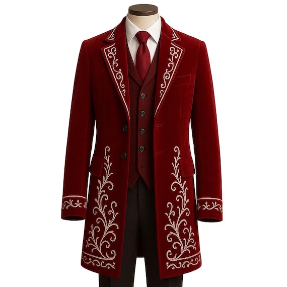Christmas Embroidered Men's Tailcoat Outfit -- Festive Red Blazer + Vest + Tee + Tie | Christmas Vacation Formal Dress | Handmade Winter Coat