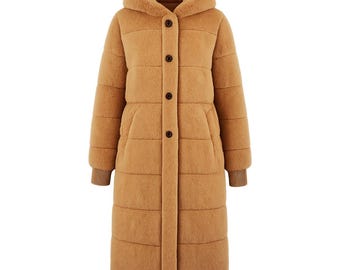 Abrigo largo de piel sintética con capucha / Abrigo de peluche camel para mujer / Parka larga acolchada de invierno / Chaqueta acolchada extragrande y cálida