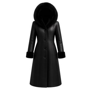 Puede incluir: Un abrigo largo de cuero negro con capucha y pu&ntilde;os forrados de piel. El abrigo presenta una botonadura frontal y un corte entallado, ofreciendo un aspecto cl&aacute;sico y elegante. El abrigo est&aacute; dise&ntilde;ado para el clima fr&iacute;o.