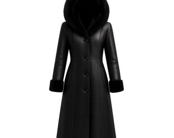 Women's Black Long Leather Coat with Faux Fur Hood | 100% Genuine Sheep Leather Long Winter Trench Coat, Faux-Fur Cuffs & Lined