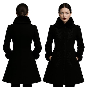 May include: A black coat with a faux fur collar and cuffs. The coat features a flared skirt and decorative embroidery on the front. The coat has a button-down closure and pockets. The model is wearing the coat.