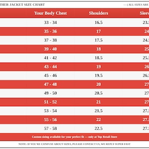May include: A men's leather jacket size chart, with measurements in inches. Sizes range from XXS to 8XL, showing chest, shoulder, and sleeve measurements. The chart includes a note about custom sizing and contact information.