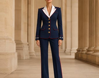 Women’s Patriotic Navy Blazer Suit, Military Style Jacket, Red White Blue Pantsuit, Fourth of July Outfit, Ceremonial Parade Uniform