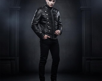 Men's Gothic Black Leather Military Jacket, Gothic Band Rocker Stage Coat, Steampunk Marching Parade Jacket, Punk Biker Cosplay
