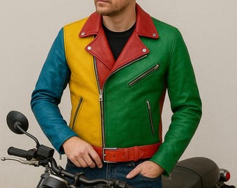 Biker Genuine Leather Racing Jacket, Men's Vintage Coat, Retro Multicolor Cafe Racer Outfit, Handmade Motorcycle Distressed Moto Cosplay
