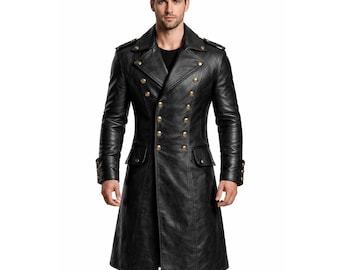 Gabardina militar negra de cuero auténtico para hombre, cruzada con botones dorados.