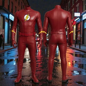 May include: A red superhero costume with a high collar, belt, and boots. The chest features a white circle with a yellow lightning bolt. Yellow lightning bolt accents are on the arms. The costume is displayed in front and back views.