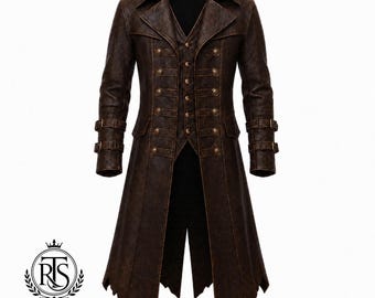 Cappotto da pirata in pelle da uomo, cappotto lungo steampunk da uomo, frac gotico, giacca per cosplay di Halloween, frac vittoriano da uomo