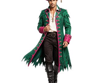 Men’s Green Pirate Coat | Tattered Zombie Pirate Jacket | Buccaneer Captain Cosplay Coat | Gothic Steampunk Halloween Costume