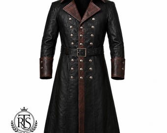 Mens Pirate Leather Coat, Black Steampunk Long Coat, Gothic Trench Coat Vintage Pirate Jacket, Cosplay Captain Outfit, Mens Long Frock Coat