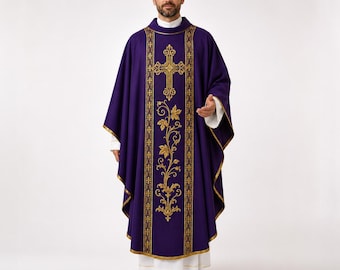 Purple Catholic Chasuble, Gold Embroidered Priest Vestment, Lent Mass Vestment, Liturgical Church Robe, Clergy Altar Vestment