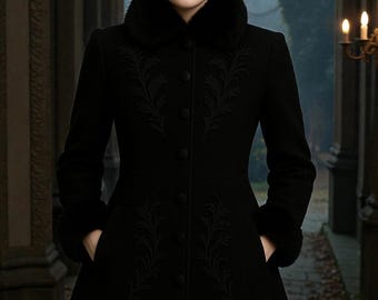Abrigo victoriano gótico para mujer, chaqueta de invierno steampunk de lana negra, abrigo bordado con cuello de piel sintética, moda Dark Academia