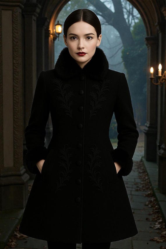 Gothic Victorian Coat Women, Black Wool Steampunk Winter Jacket, Faux Fur Collar Embroidered Overcoat, Dark Academia Fashion