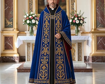 Blue Marian Catholic Cope Vestment, Gold Embroidered Priest Cope Cloak, Liturgical Church Processional Robe, Marian Devotion Clergy Vestment