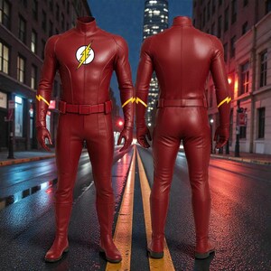 May include: A red superhero costume with a high collar, belt, and gloves. The chest features a white circle with a yellow lightning bolt. Yellow lightning bolt accents are on the arms. The costume is displayed from the front and back.