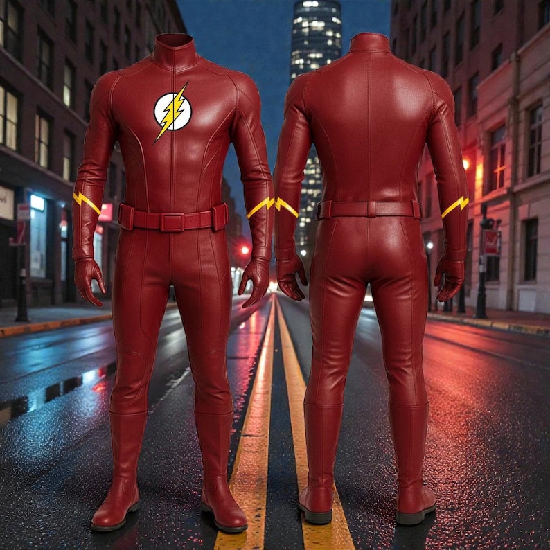 May include: A red superhero costume with a high collar, belt, and gloves. The chest features a white circle with a yellow lightning bolt. Yellow lightning bolt accents are on the arms. The costume is displayed from the front and back.