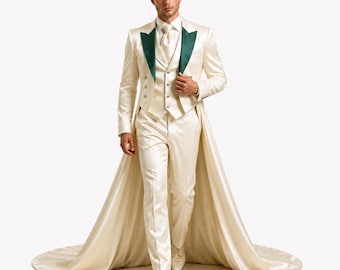 Men’s Ivory Satin Wedding Tailcoat Suit | Victorian Groom Long Train Tuxedo | Emerald Lapel Formal Ceremony Suit | Royal Bridal Party Outfit