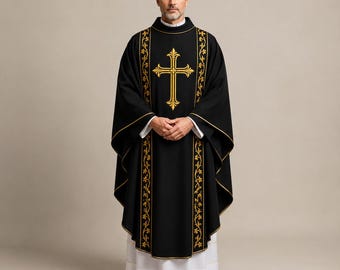 Black Funeral Mass Chasuble, Gold Embroidered Catholic Vestment, Priest Chasuble Robe, Gothic Church Vestment, Clergy Robe