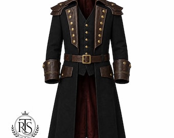 Gotisch piratenkapiteinjack | Dramatische militaire officiersjas heren | Renaissance-overjas | Zwarte Steampunk Privateer Commander-jas