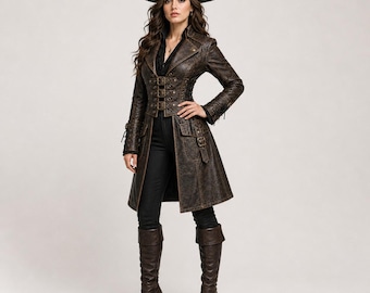 Bruine leren piratenjas dames | Gothic steampunk-kapiteinjas | Geklede jas van runderleer | Victoriaans piratenkostuum