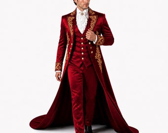 Men’s Red Satin Victorian Wedding Suit | Gothic Groom Long Train Tailcoat | Gold Embroidered Tuxedo | Royal Regency Three Piece Outfit