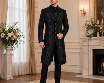Men's Gothic Wedding Coat | Victorian Frock Coat | Black Embroidered Long Coat | Three Piece Groom Coat | Baroque Tailcoat for Men