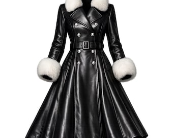 Black Genuine Leather Trench Coat, White Faux Fur Trim, Victorian Steampunk Cosplay