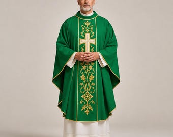 Green Catholic Chasuble, Gold Embroidered Priest Vestment, Ordinary Time Mass Vestment, Liturgical Church Robe
