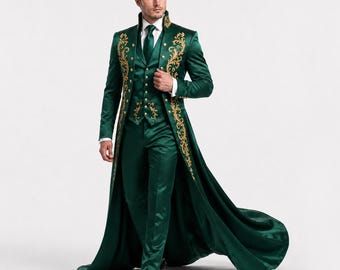 Men’s Emerald Green Wedding Suit | Victorian Gothic Satin Tailcoat | Gold Embroidered Groom Tuxedo | Steampunk Long Train Suit