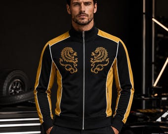 Men’s Black Yellow Track Jacket, Embroidered Lion Jacket, Retro Racing Zip Up, Athletic Streetwear Track Top, Gift for Him