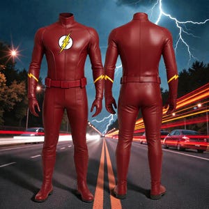 May include: A maroon superhero costume with a high collar, long sleeves, and matching trousers. The chest features a white circle with a yellow lightning bolt. Yellow lightning bolt accents are on the arms. The costume includes a belt, gloves, and boots.