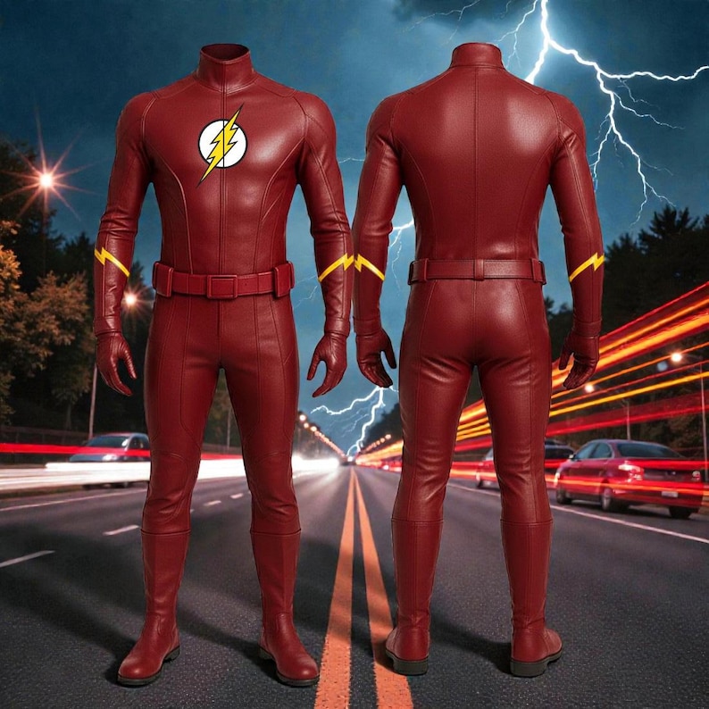 May include: A maroon superhero costume with a high collar, long sleeves, and matching trousers. The chest features a white circle with a yellow lightning bolt. Yellow lightning bolt accents are on the arms. The costume includes a belt, gloves, and boots.