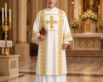 Ivory Catholic Deacon Dalmatic Vestment, Gold Embroidered Clergy Robe, Liturgical Robe for Deacon, Catholic Ceremony Apparel
