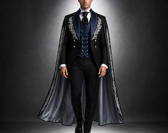 Men's Gothic Wedding Suit with Cape, Black Victorian Tuxedo, Silver Embroidered Vampire Groom Outfit, Custom Masquerade Formal Wear